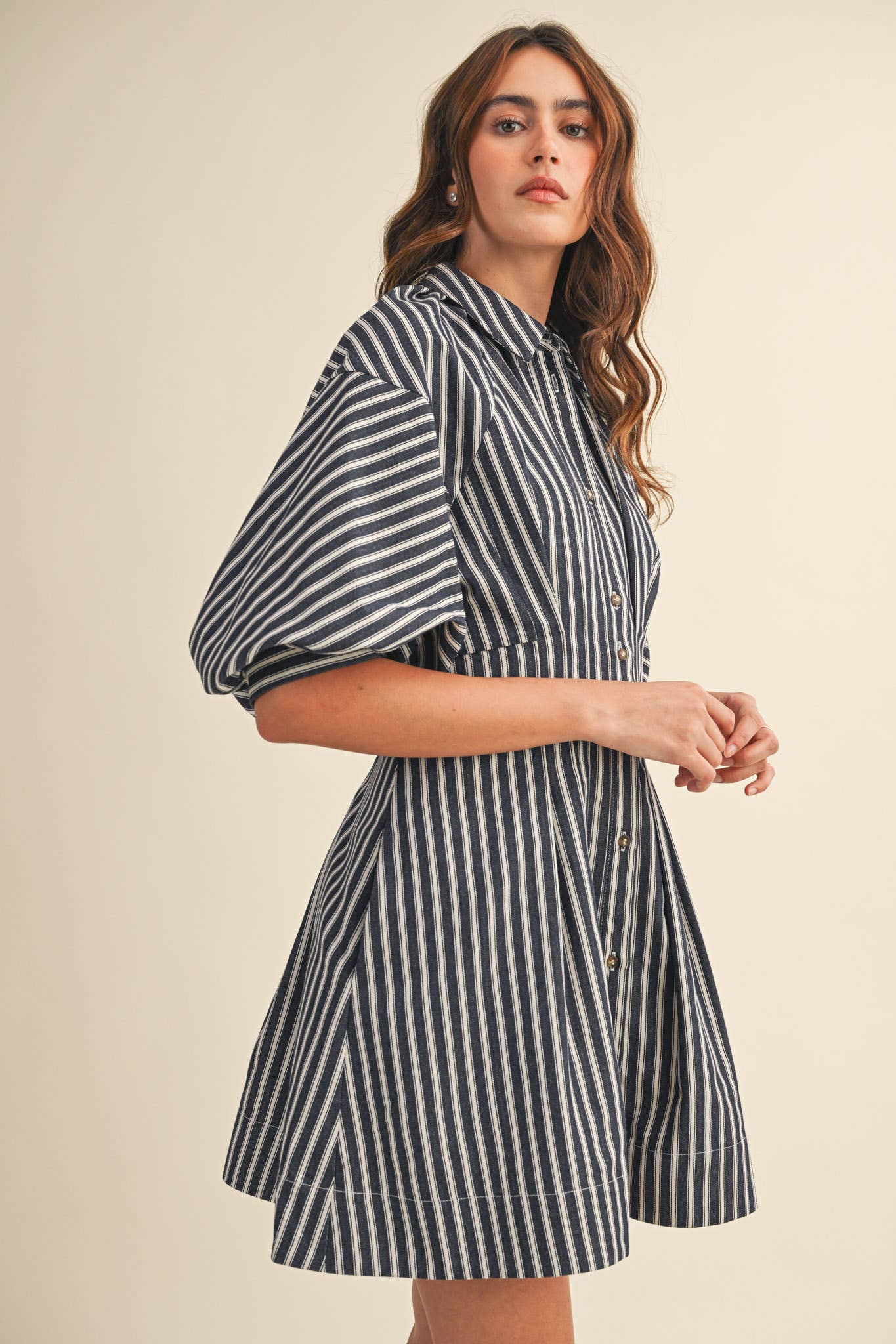 STRIPED DENIM BUBBLE SLEEVE MINI DRESS