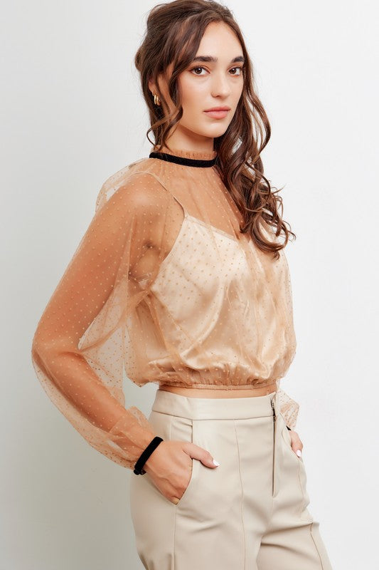 SHEER POLKA DOT MESH TOP BURNOUT HIGH NECK