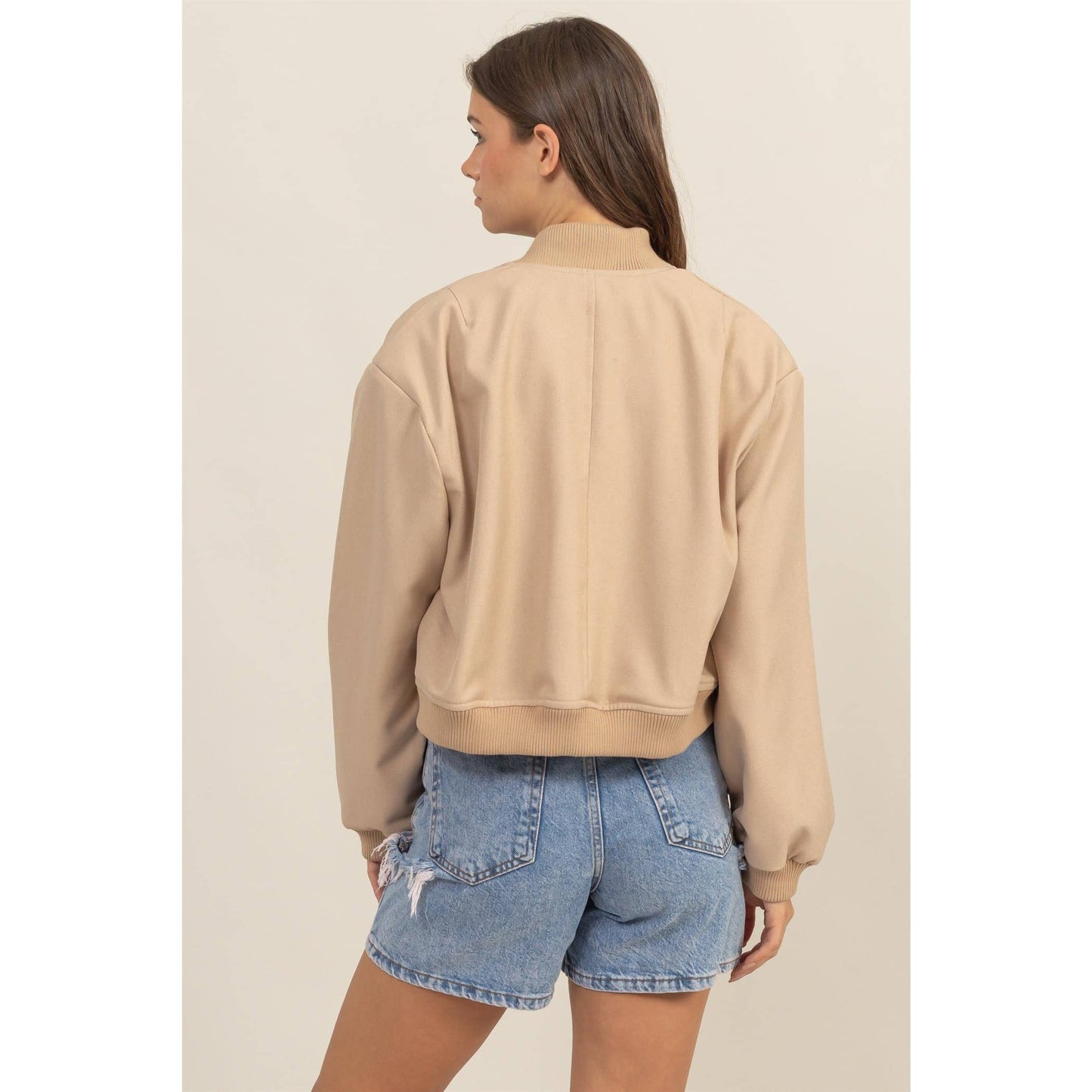 BUTTON-UP BOMBER JACKET WITH RIBBED CUFFS