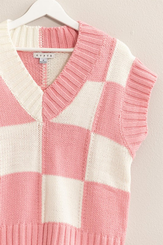 V-Neck Checkerboard Knit Sweater Vest