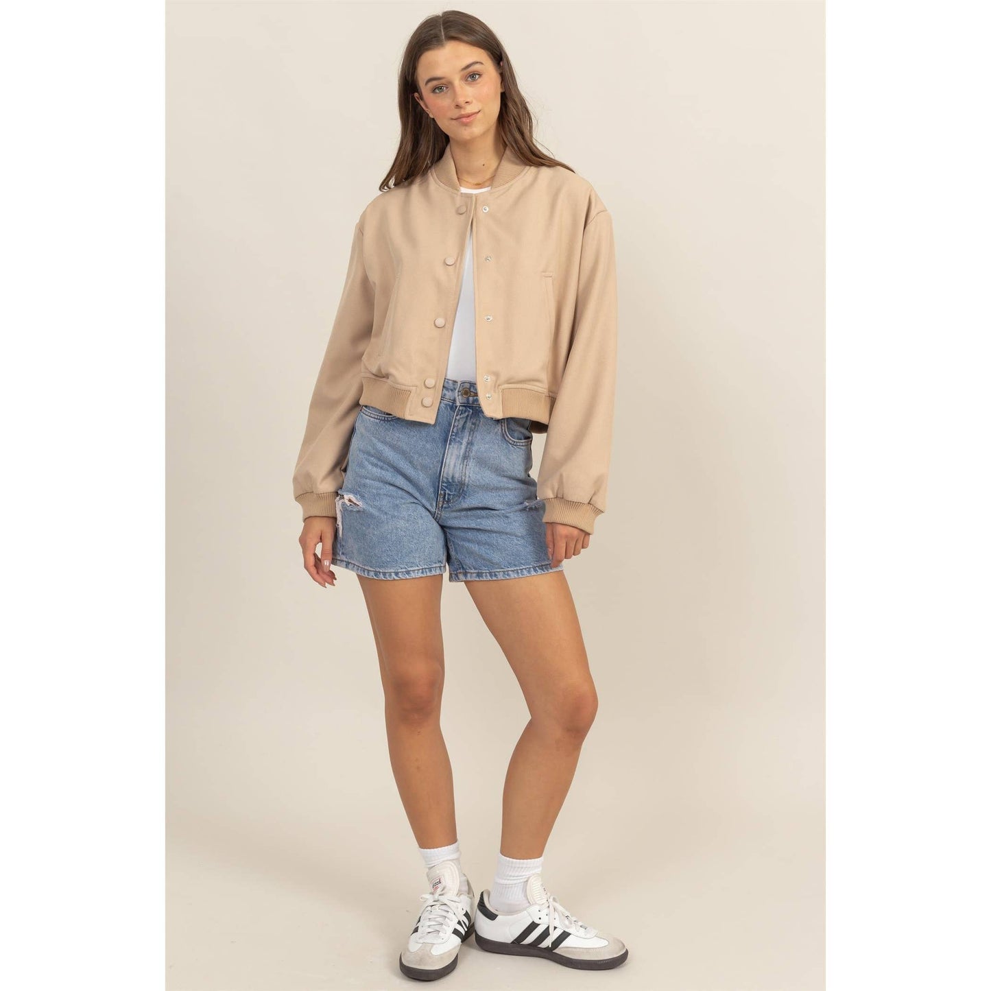 BUTTON-UP BOMBER JACKET WITH RIBBED CUFFS