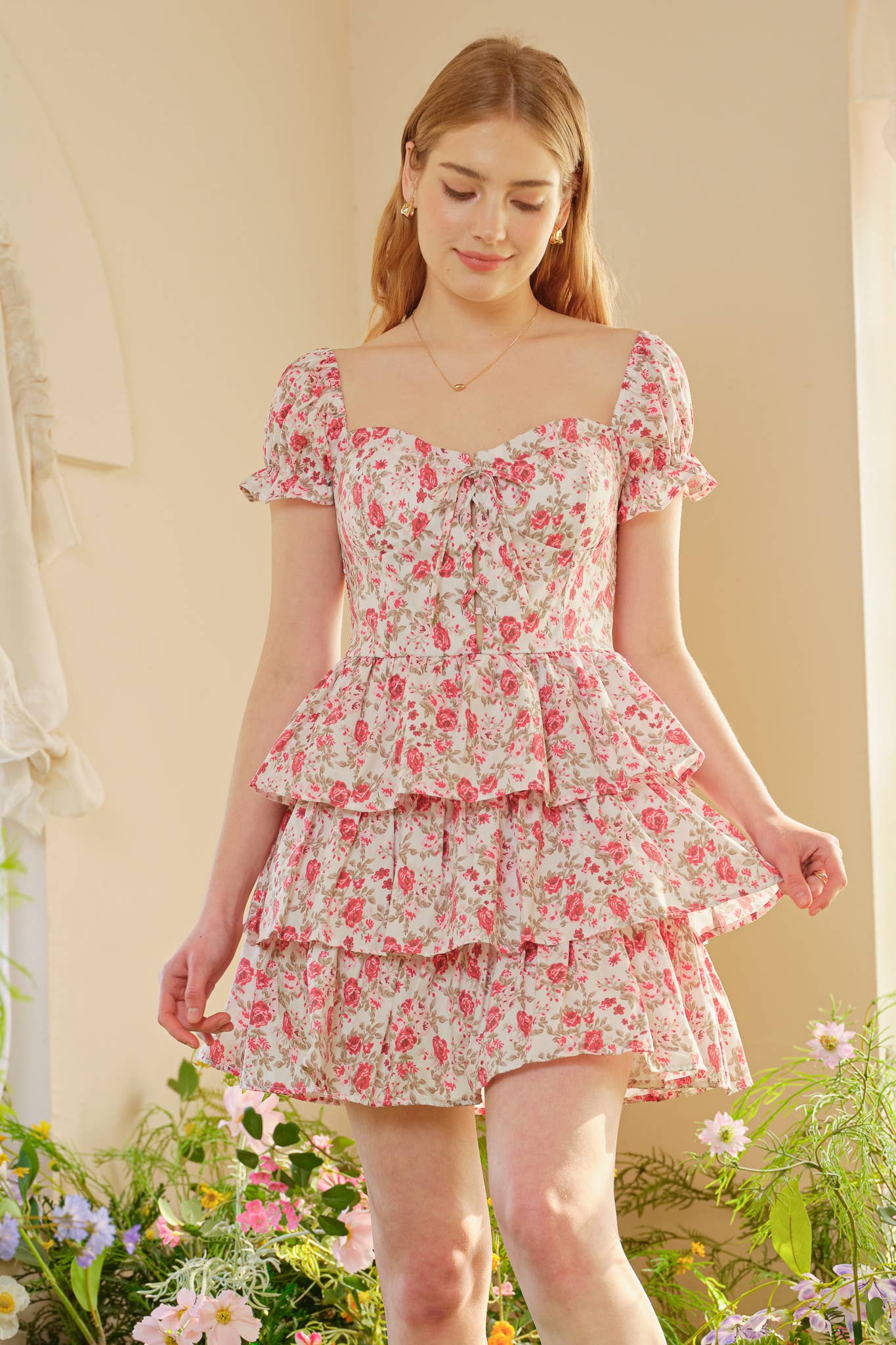 Off-Shoulder Floral Tiered Mini Dress