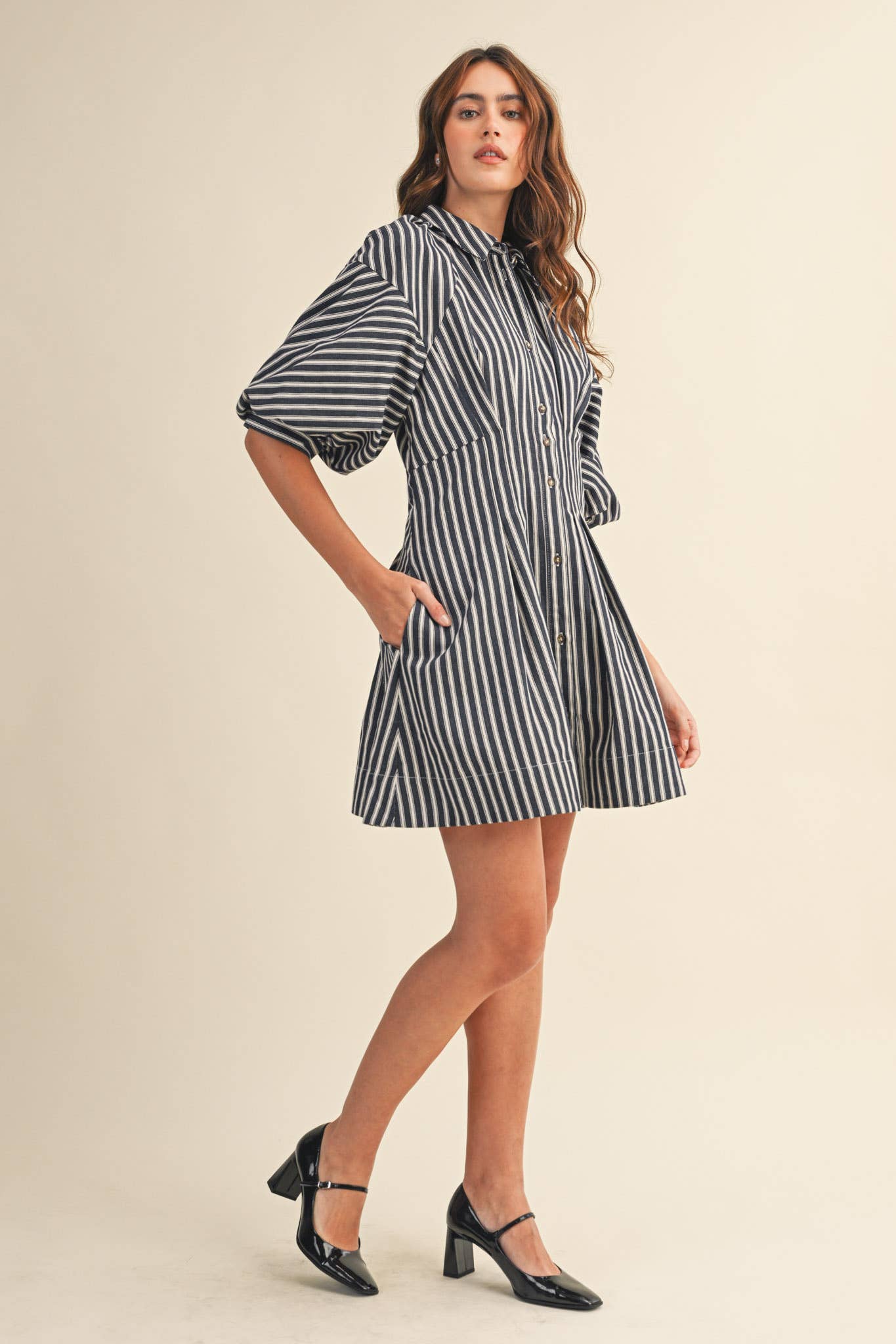STRIPED DENIM BUBBLE SLEEVE MINI DRESS