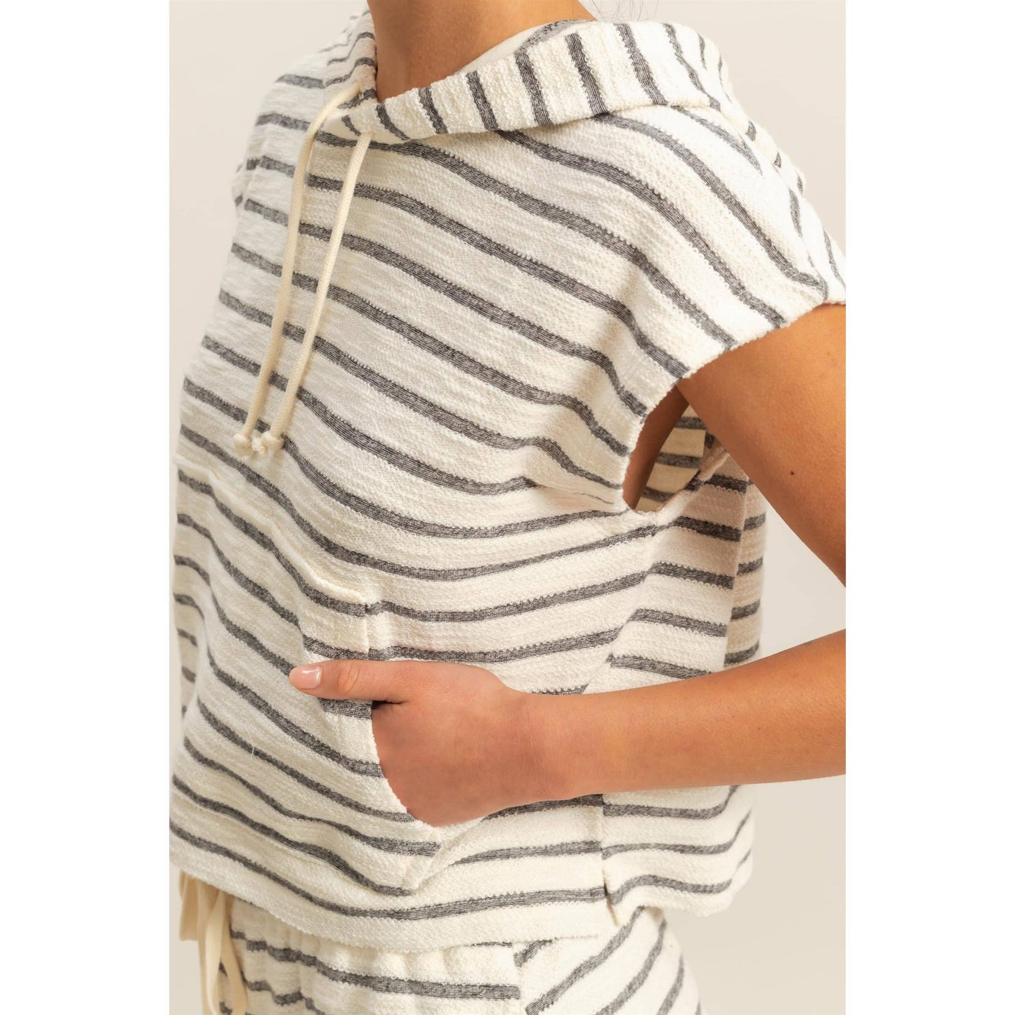Striped Short Sleeve Pullover Hoodie Top