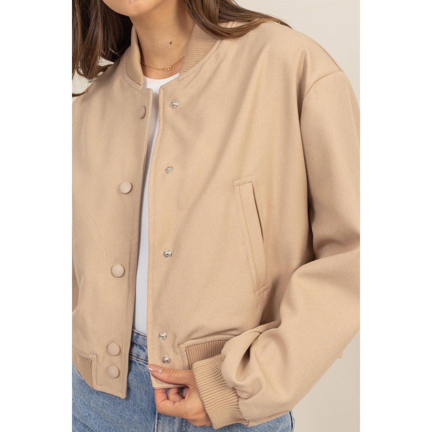 BUTTON-UP BOMBER JACKET WITH RIBBED CUFFS