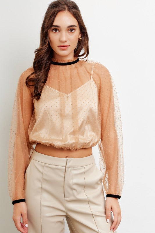 SHEER POLKA DOT MESH TOP BURNOUT HIGH NECK