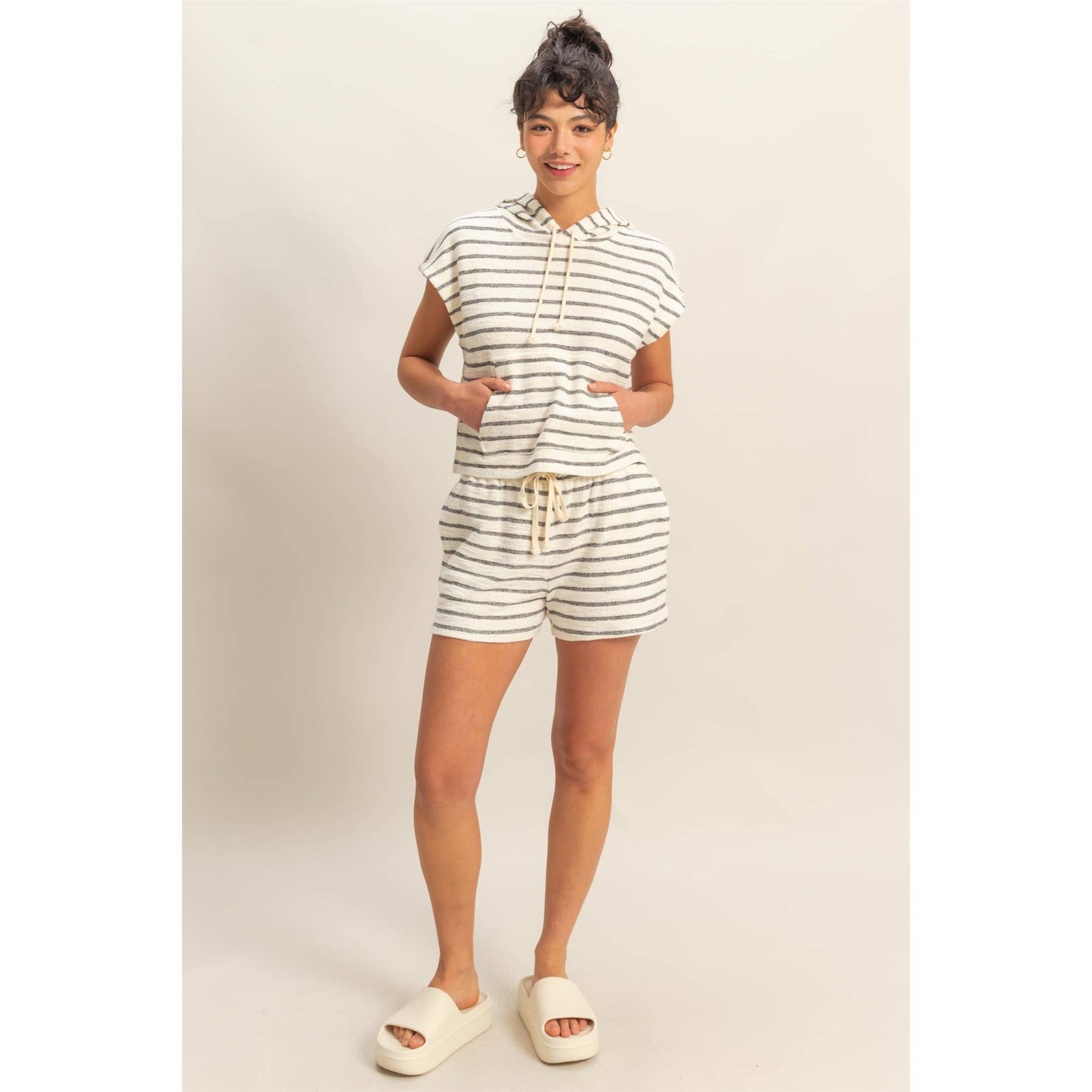 Striped Short Sleeve Pullover Hoodie Top