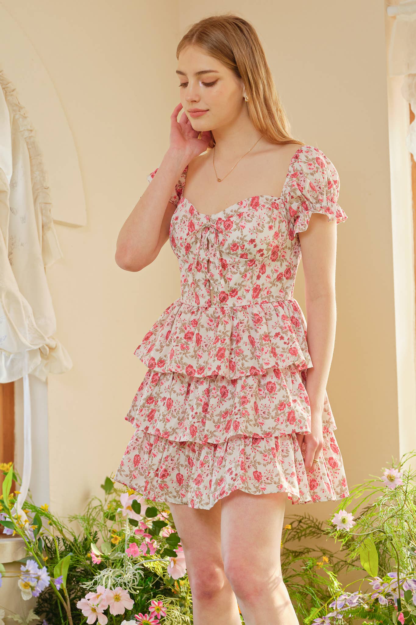 Off-Shoulder Floral Tiered Mini Dress