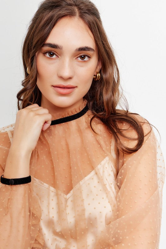 SHEER POLKA DOT MESH TOP BURNOUT HIGH NECK