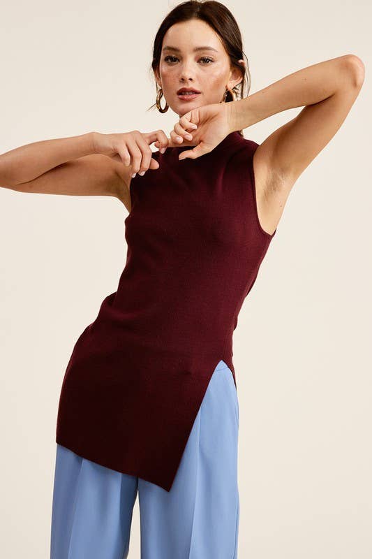 SOFT KNIT FRONT SIDE HIGH SLIT MOCK NECK SWEATER
