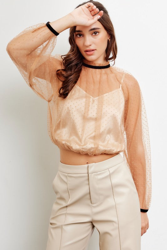 SHEER POLKA DOT MESH TOP BURNOUT HIGH NECK