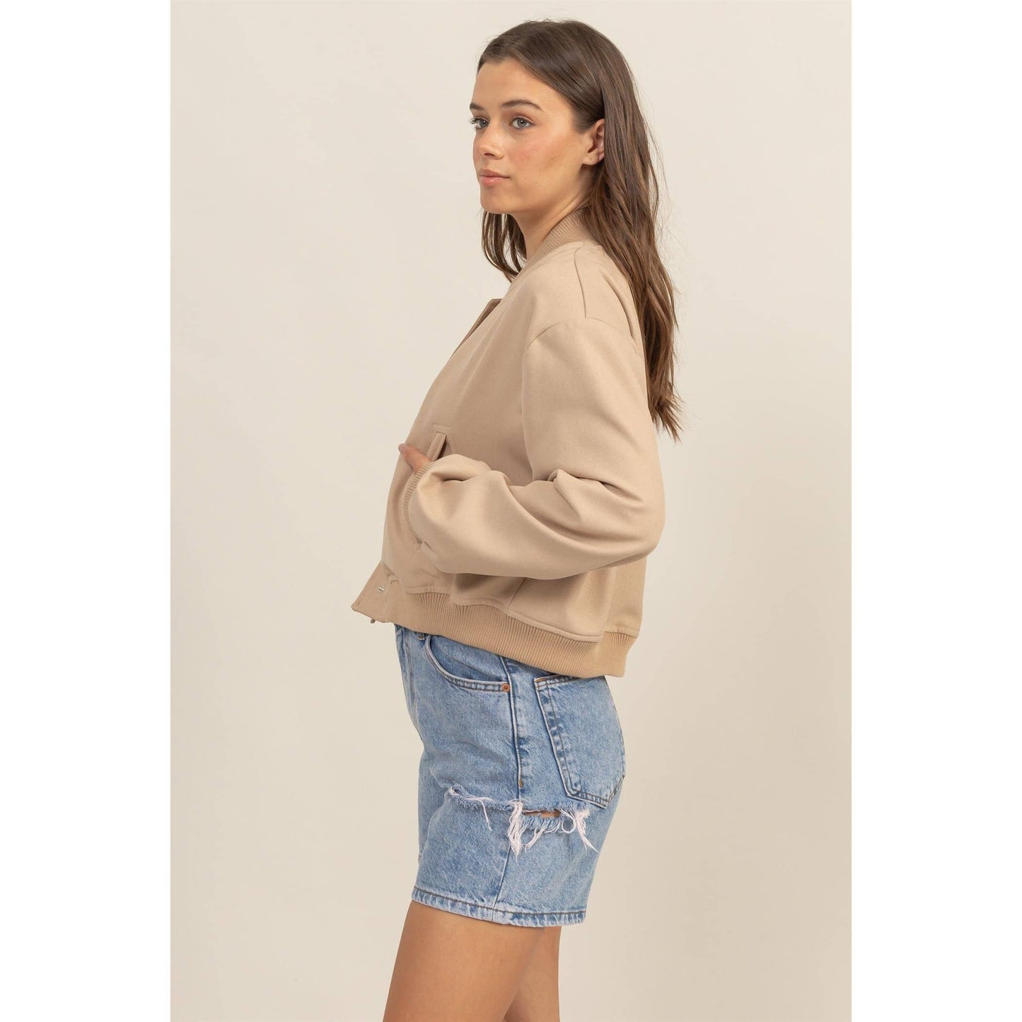 BUTTON-UP BOMBER JACKET WITH RIBBED CUFFS