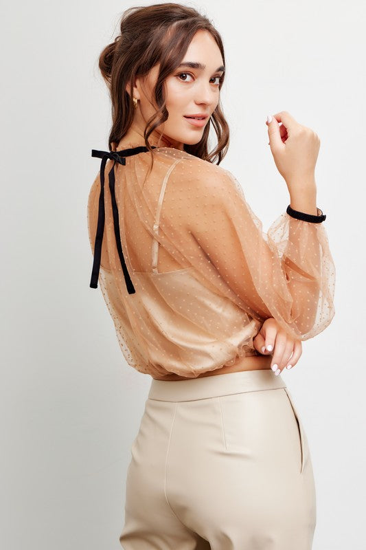 SHEER POLKA DOT MESH TOP BURNOUT HIGH NECK
