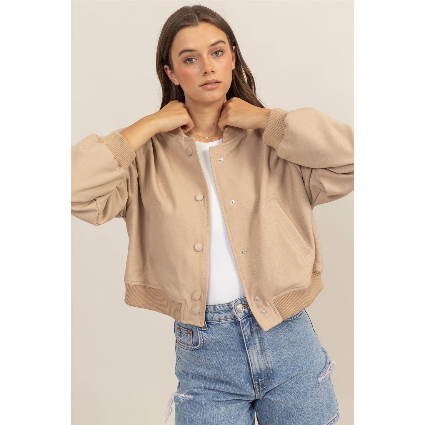BUTTON-UP BOMBER JACKET WITH RIBBED CUFFS