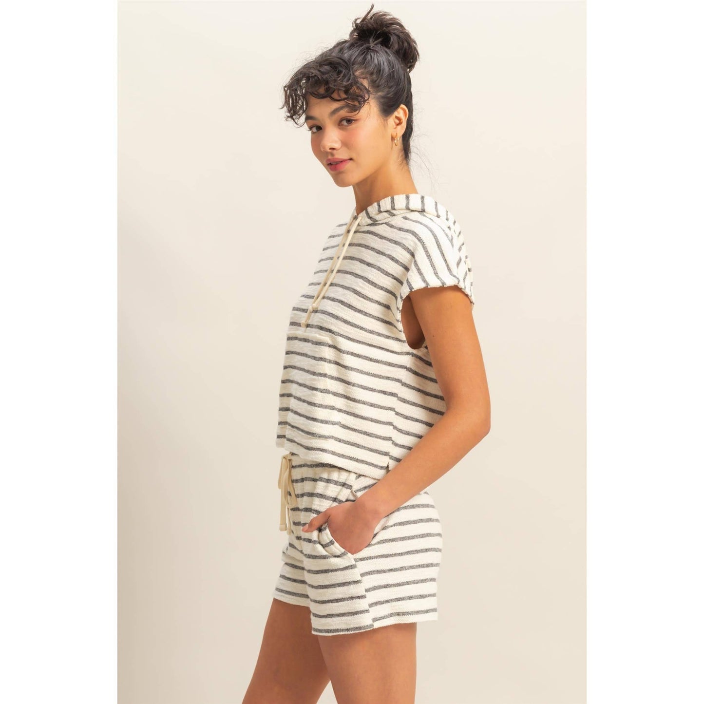 Striped Short Sleeve Pullover Hoodie Top