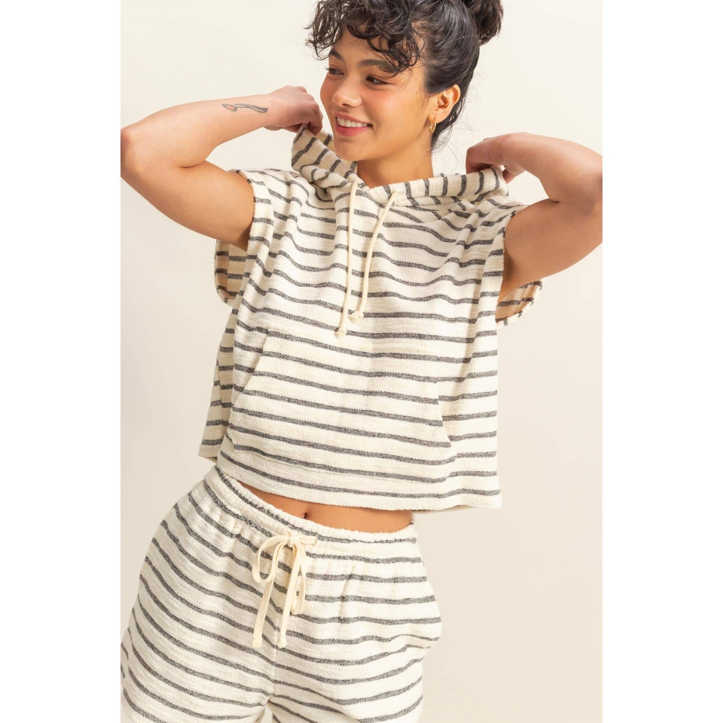 Striped Short Sleeve Pullover Hoodie Top