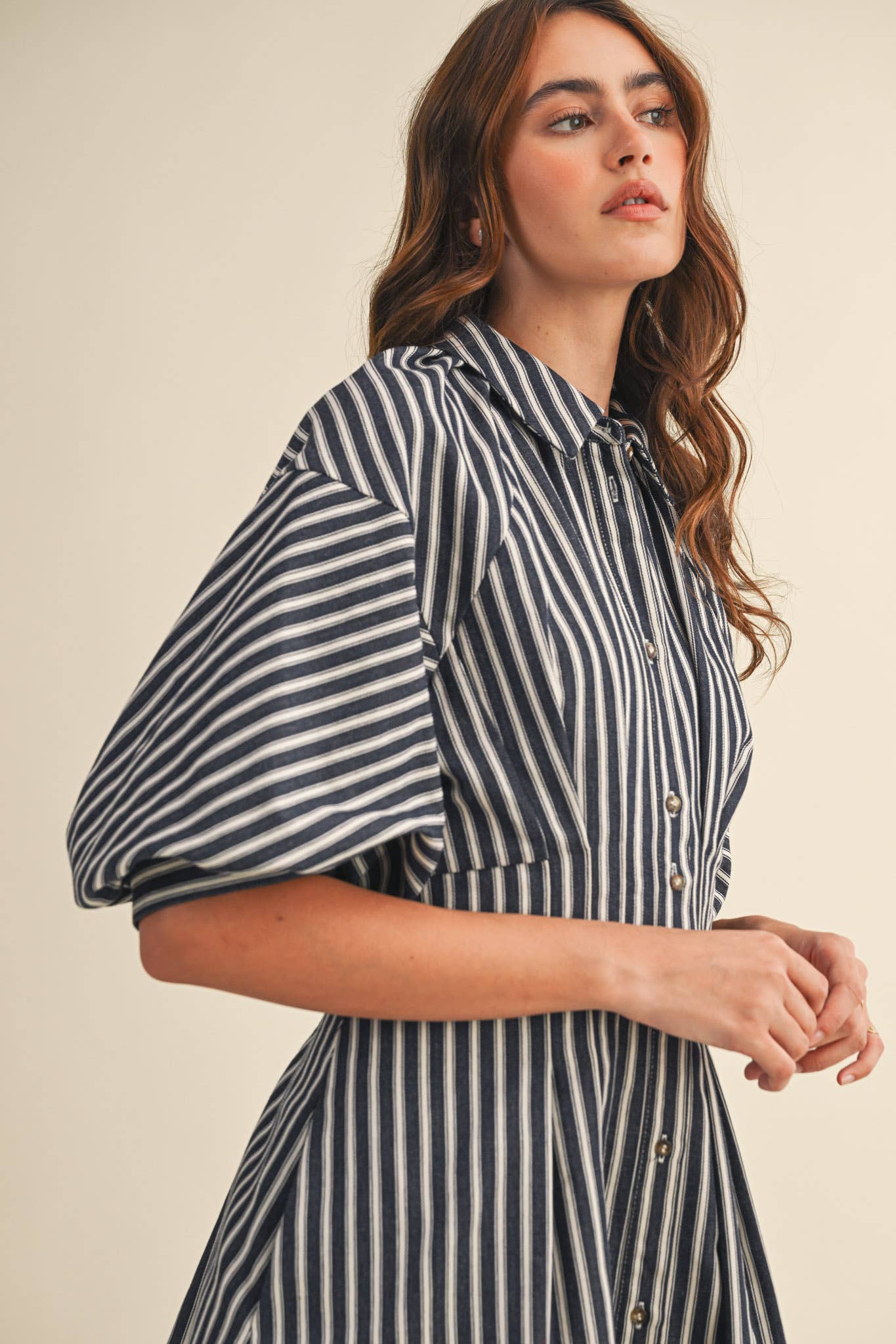 STRIPED DENIM BUBBLE SLEEVE MINI DRESS