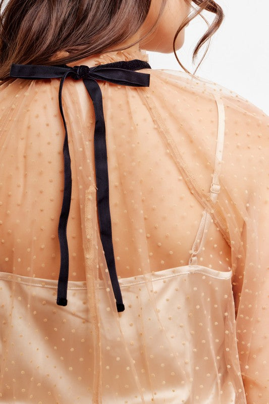 SHEER POLKA DOT MESH TOP BURNOUT HIGH NECK