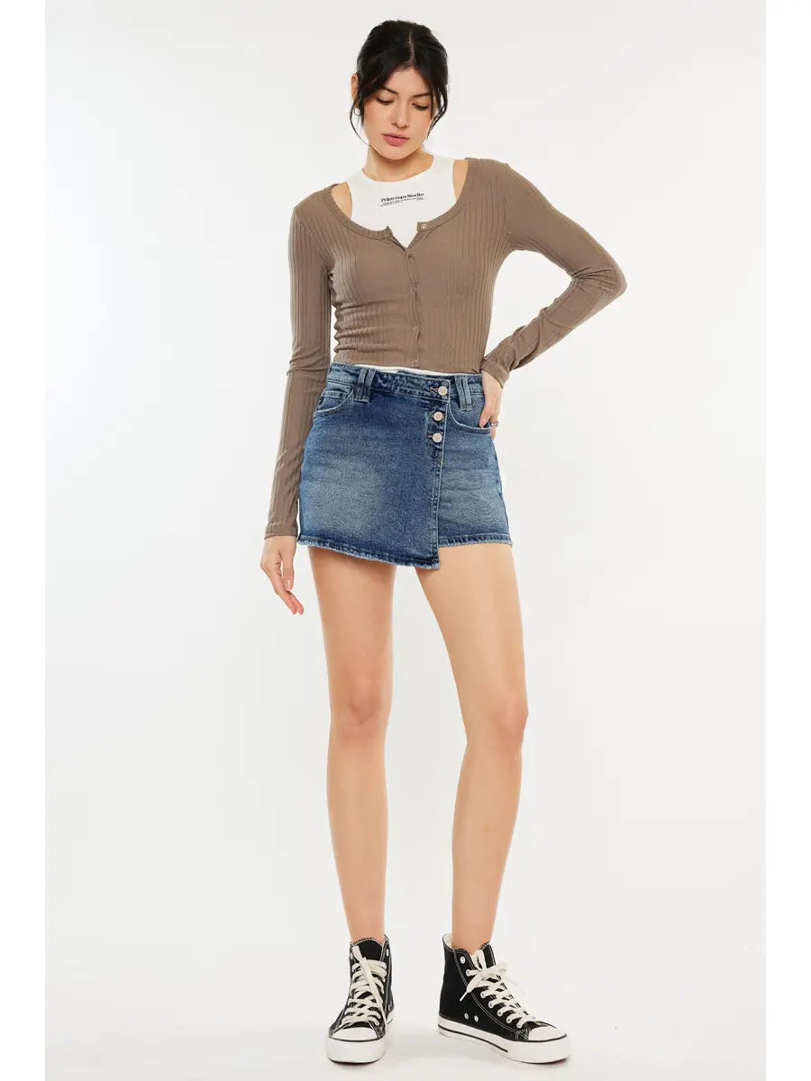 Button Front Jean Skort