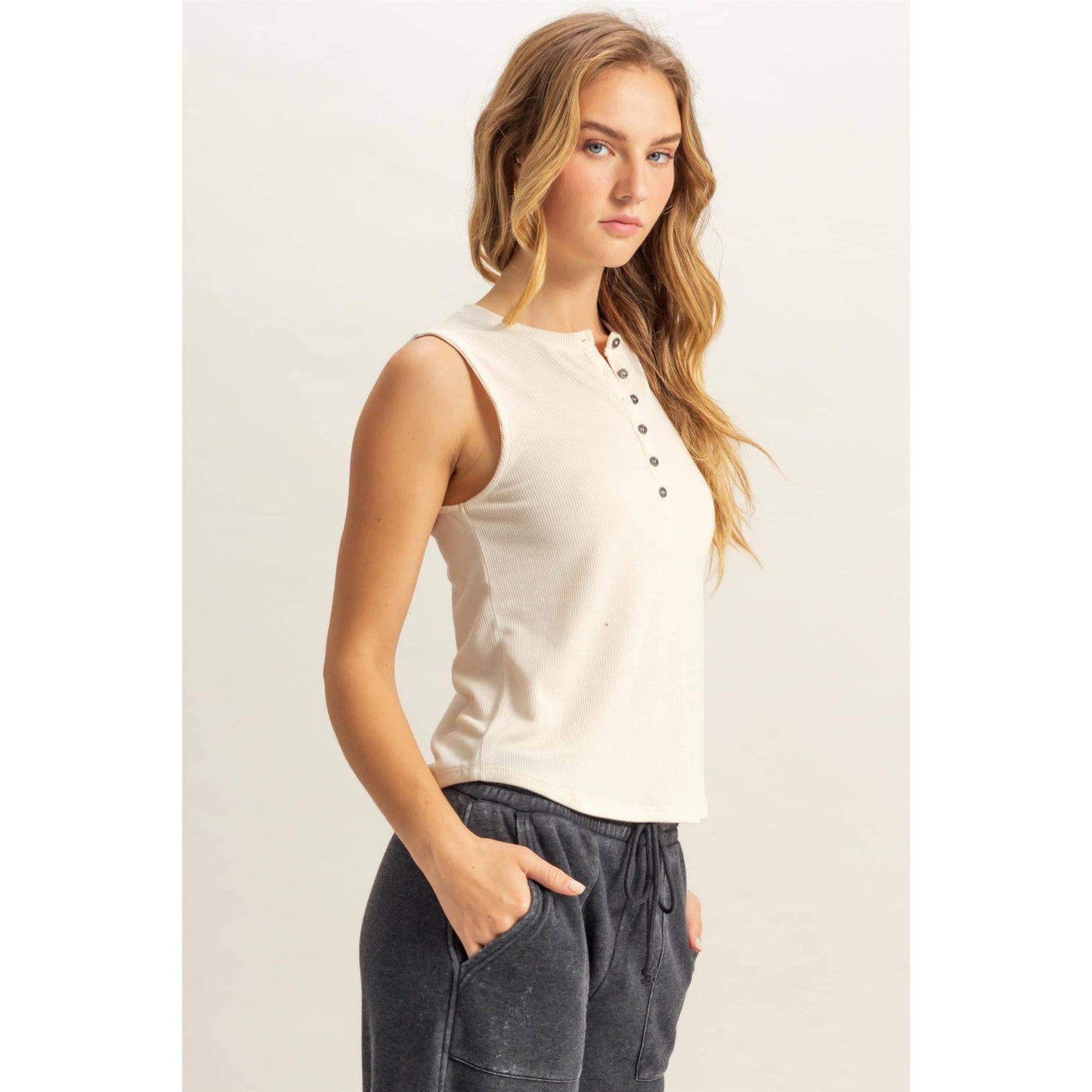 Sleeveless Snap Button Detail Top