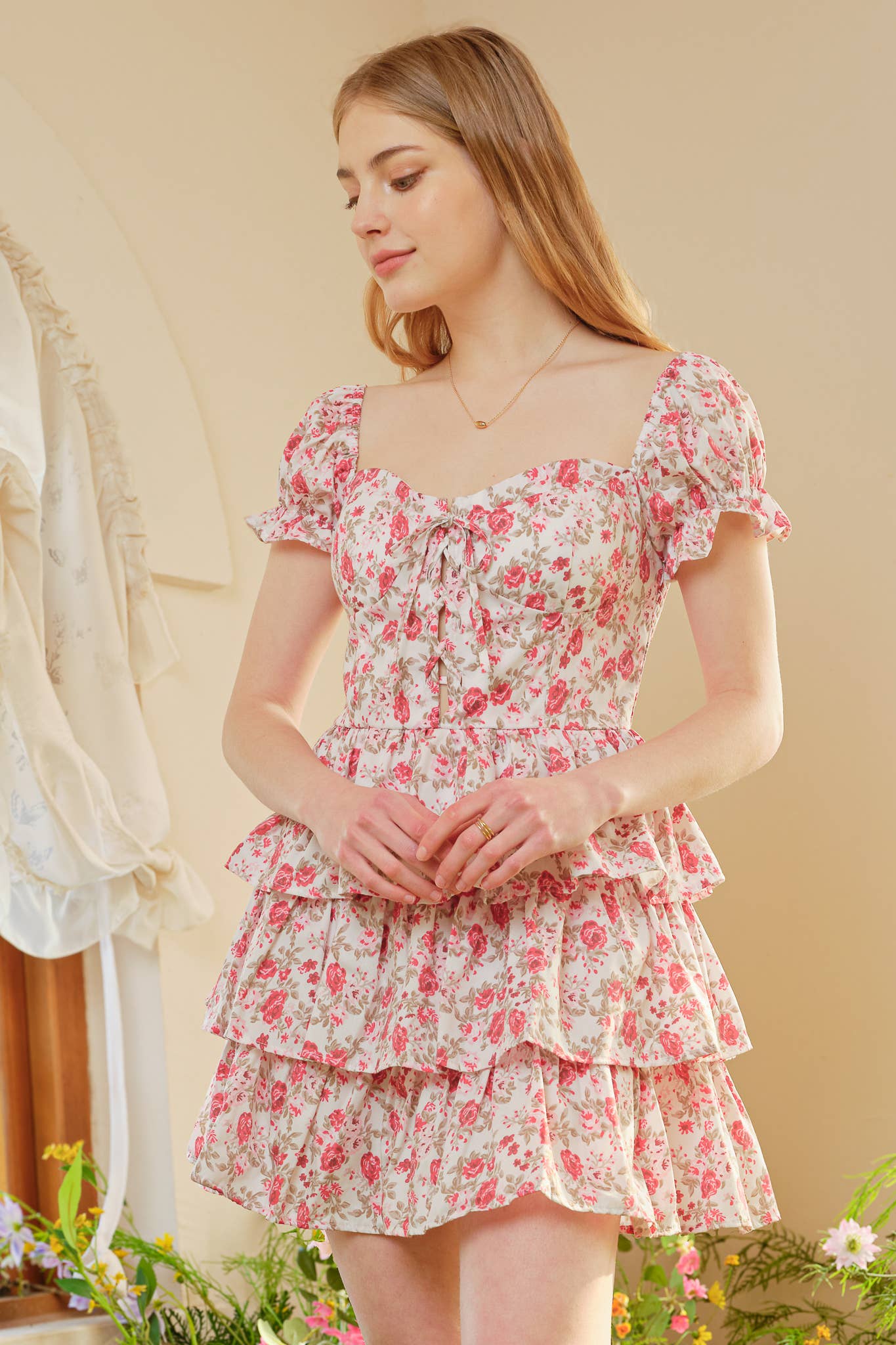 Off-Shoulder Floral Tiered Mini Dress