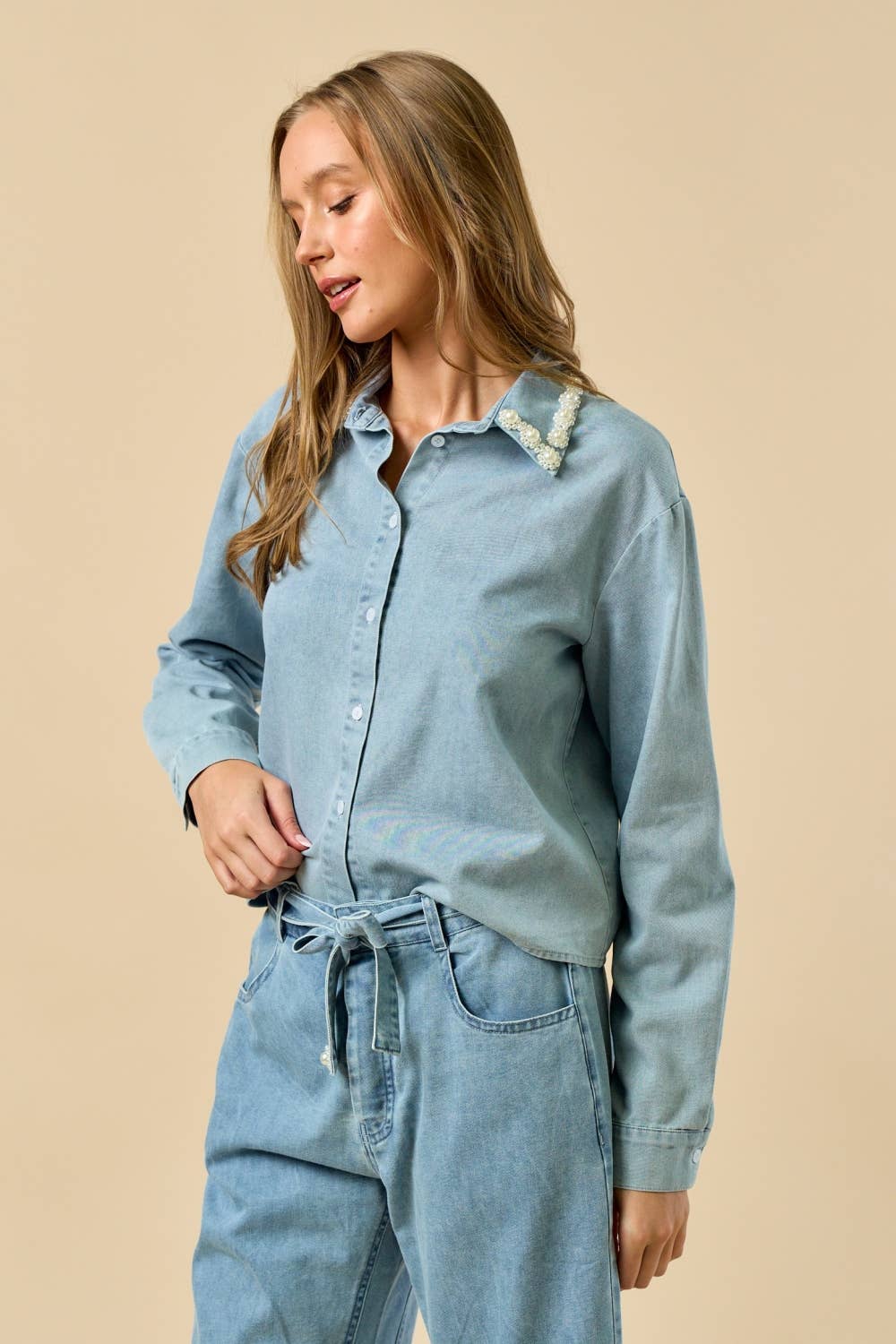 Long Sleeve Button-Down Shirt with Pearl Trim