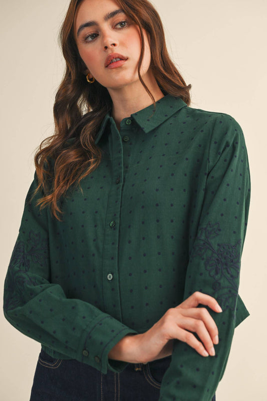 POLKA DOT FLORAL EMBROIDERY BUTTON UP TOP