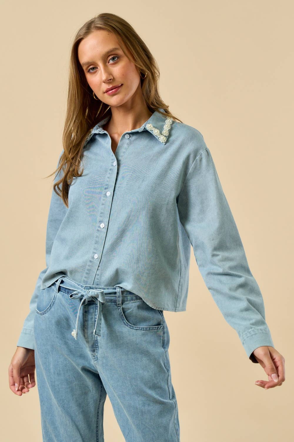 Long Sleeve Button-Down Shirt with Pearl Trim