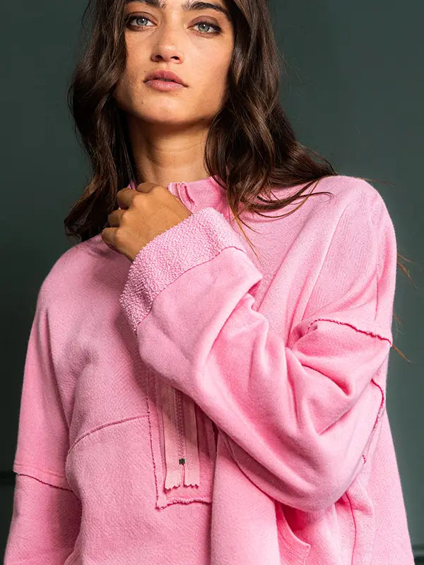 Pink Zip-Up Solid Knit Crop Sweatshirt