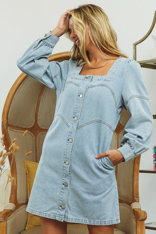 Square Neck Button Front Washed Denim Dress