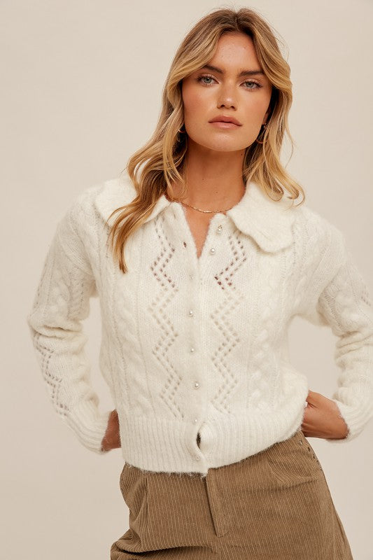 BIB COLLAR PEARL BUTTON DOWN KNIT CARDIGAN