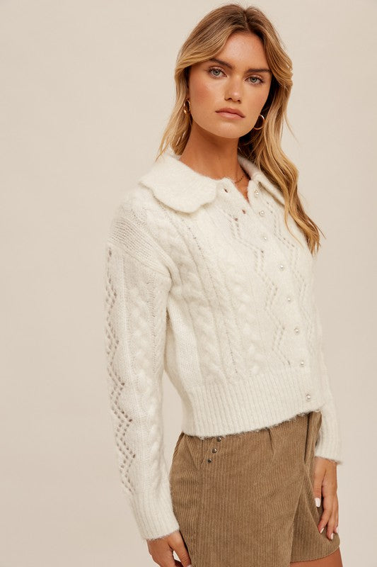 BIB COLLAR PEARL BUTTON DOWN KNIT CARDIGAN