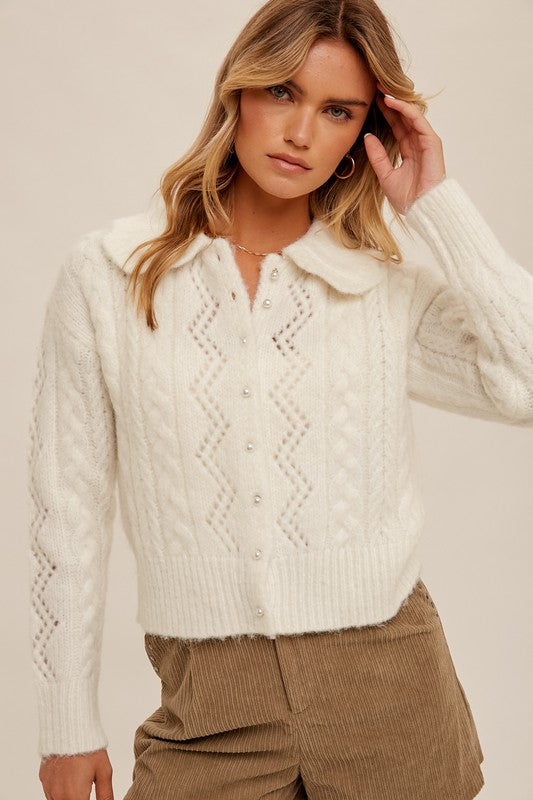 BIB COLLAR PEARL BUTTON DOWN KNIT CARDIGAN