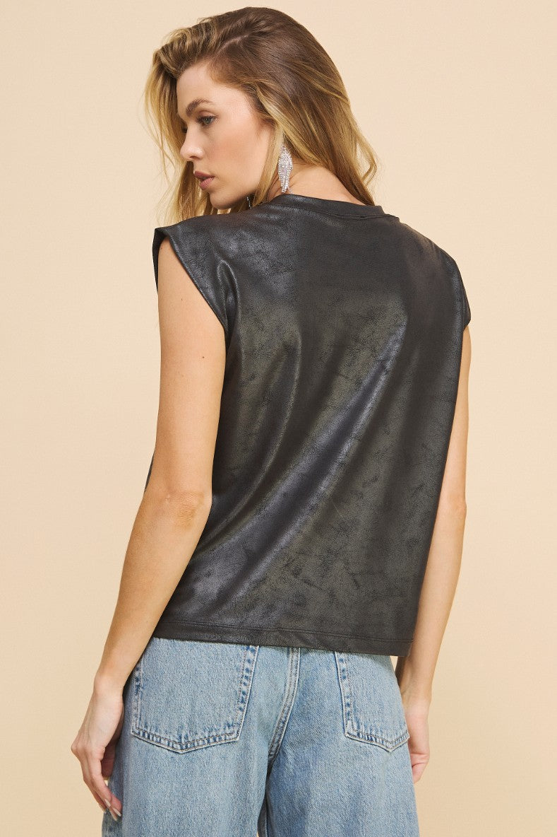 Black Pleather Blossom Top