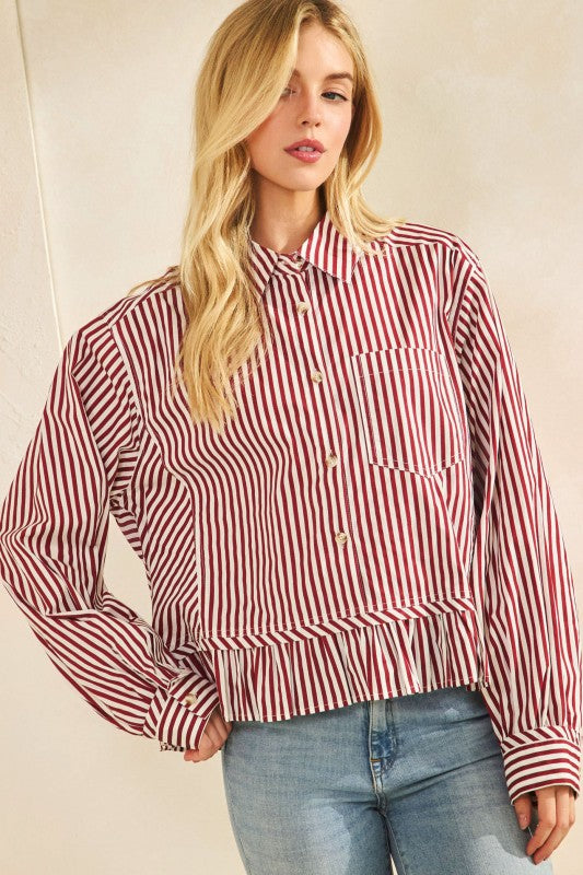 Stripes Raglan Puff Sleeves Shirt