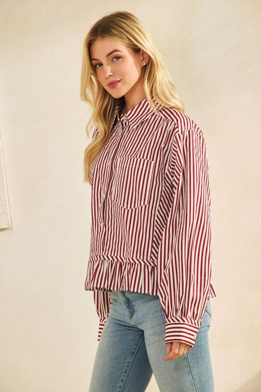 Stripes Raglan Puff Sleeves Shirt