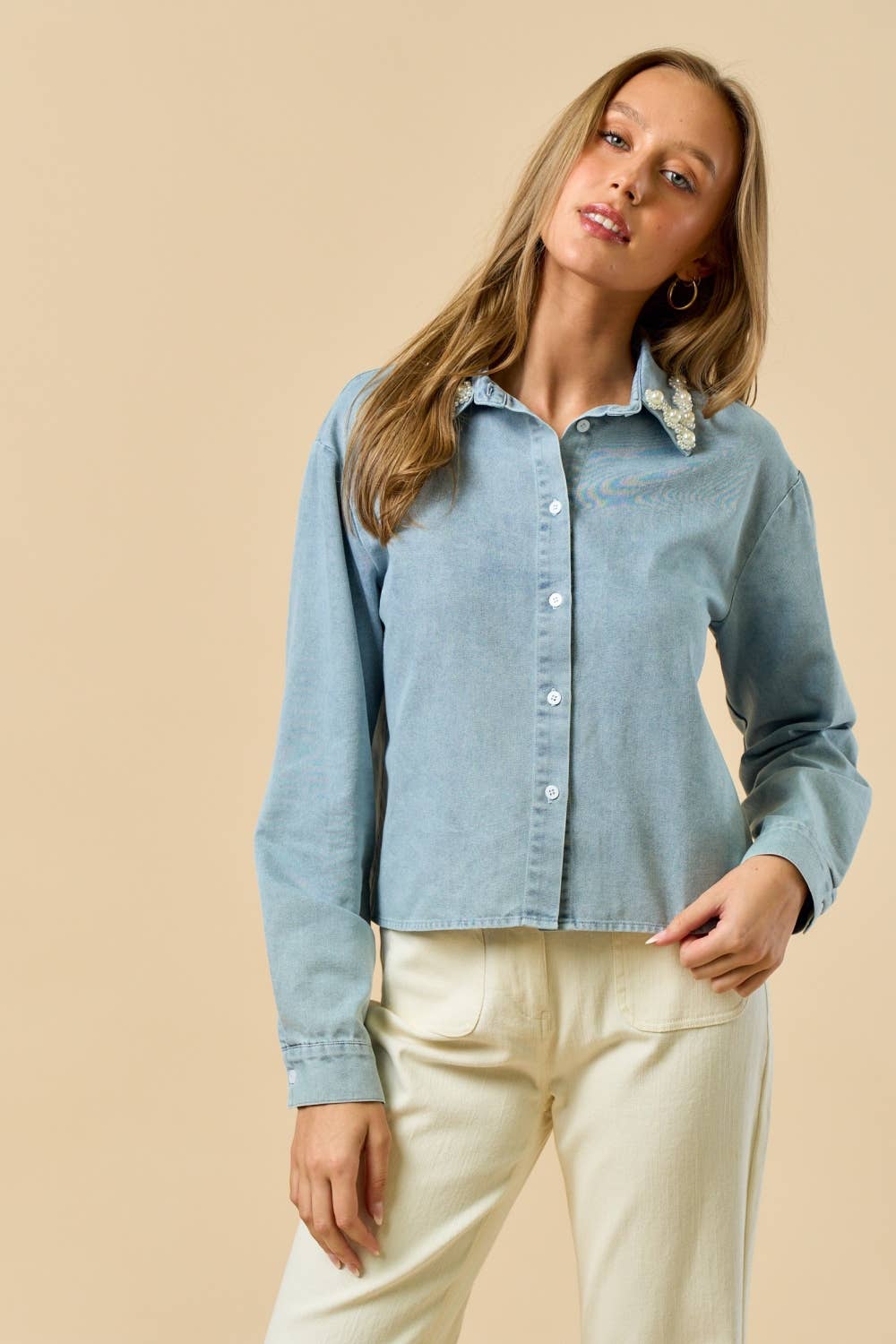 Long Sleeve Button-Down Shirt with Pearl Trim