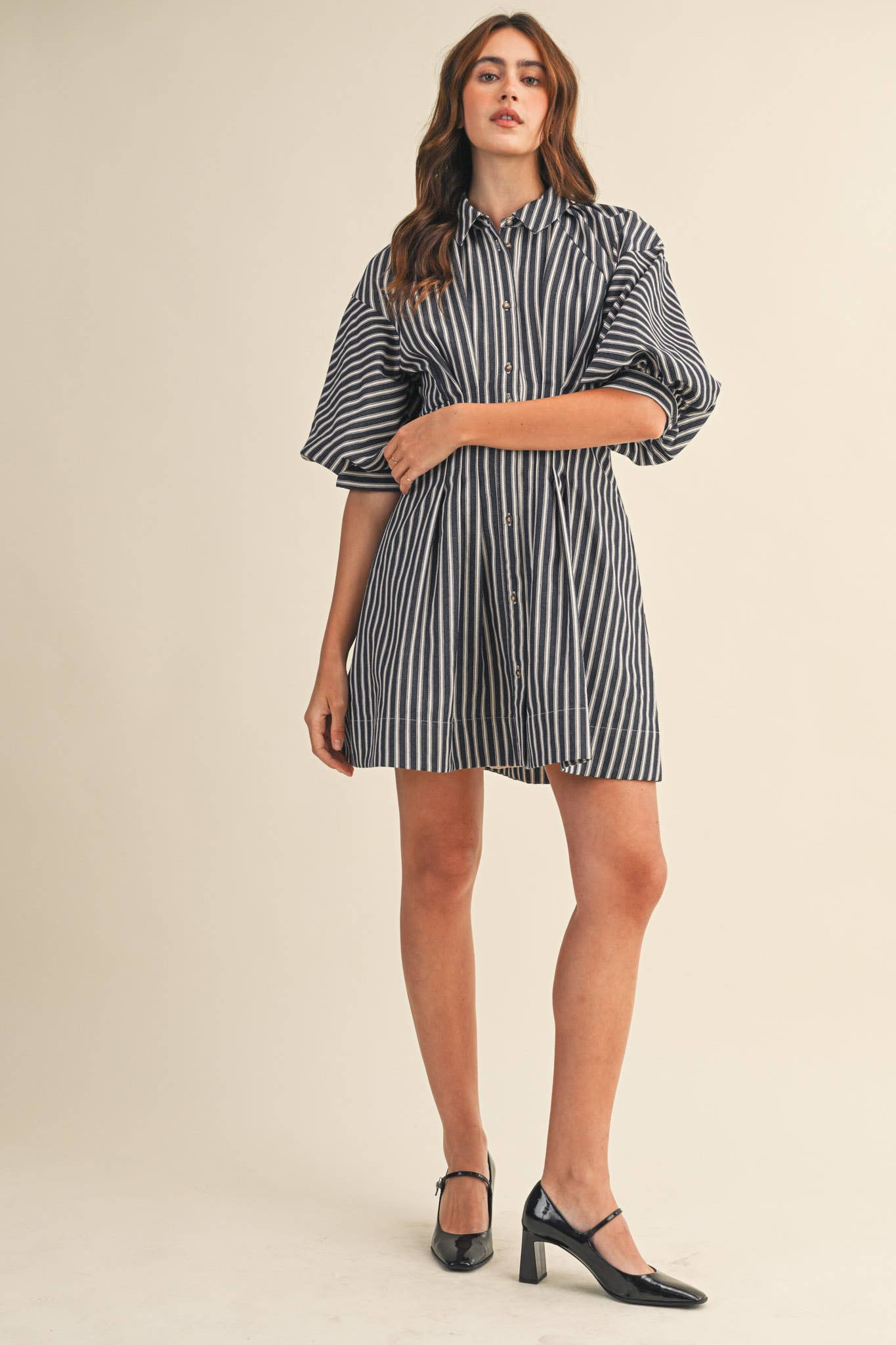 STRIPED DENIM BUBBLE SLEEVE MINI DRESS