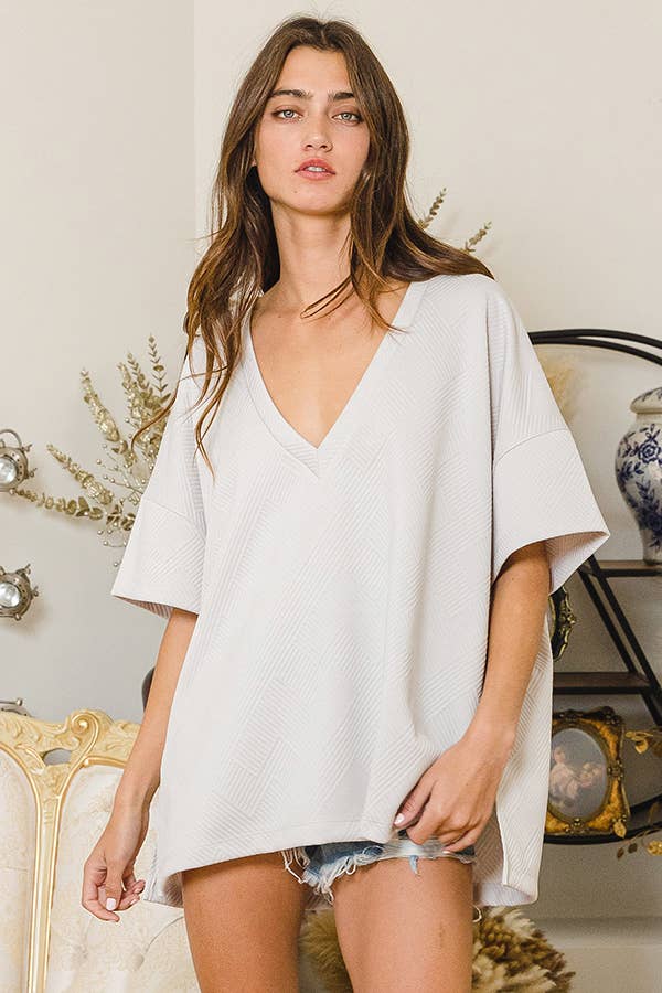 Paulina Oversized Solid Textured V-line Back Tunic Top