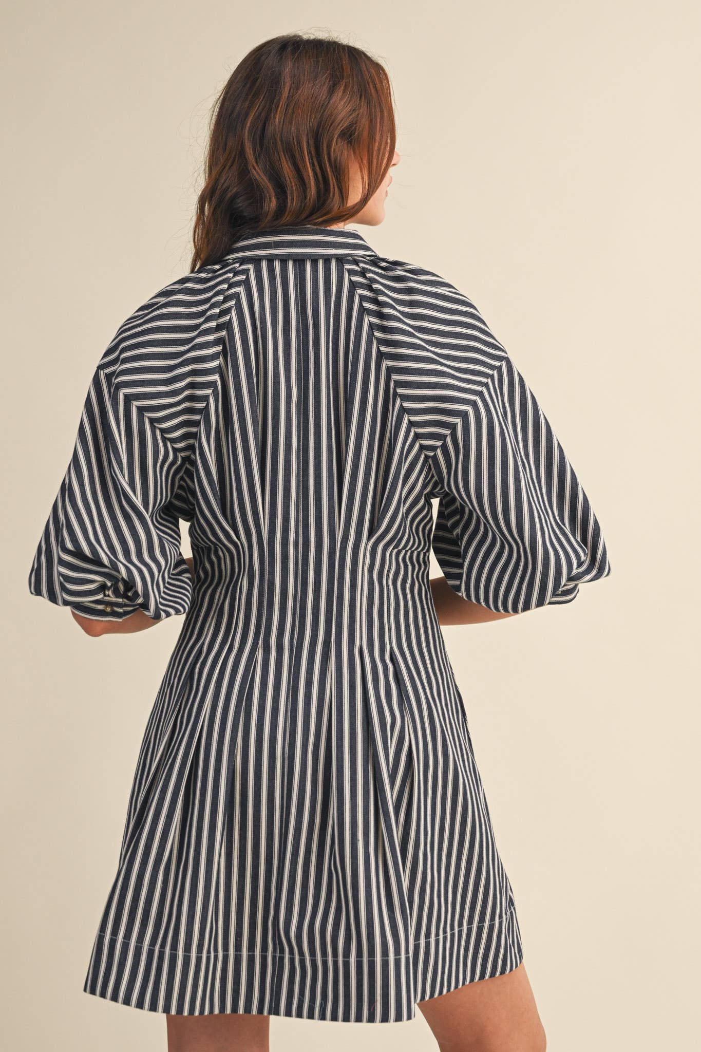 STRIPED DENIM BUBBLE SLEEVE MINI DRESS