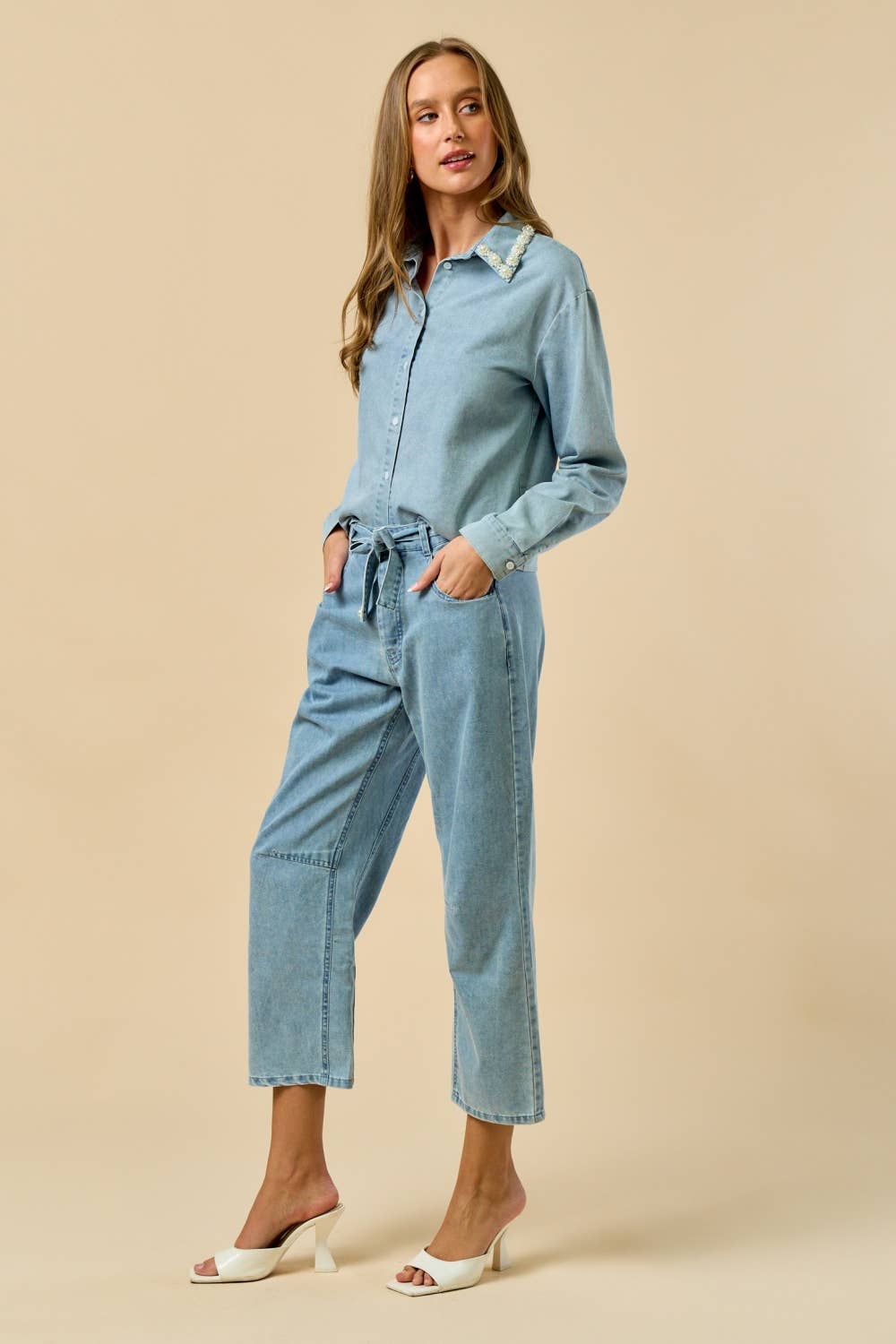 Long Sleeve Button-Down Shirt with Pearl Trim