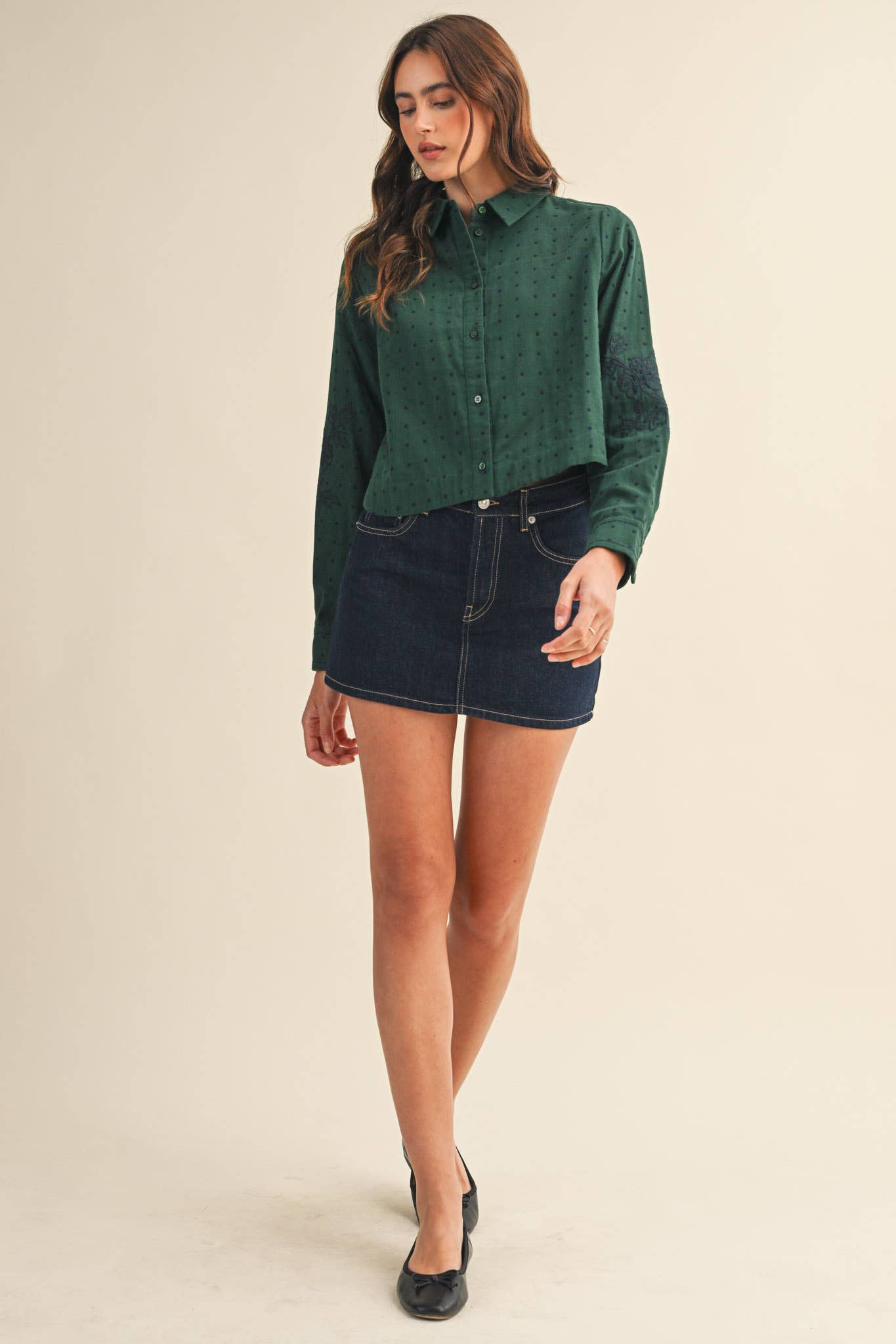 POLKA DOT FLORAL EMBROIDERY BUTTON UP TOP
