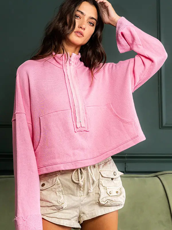 Pink Zip-Up Solid Knit Crop Sweatshirt