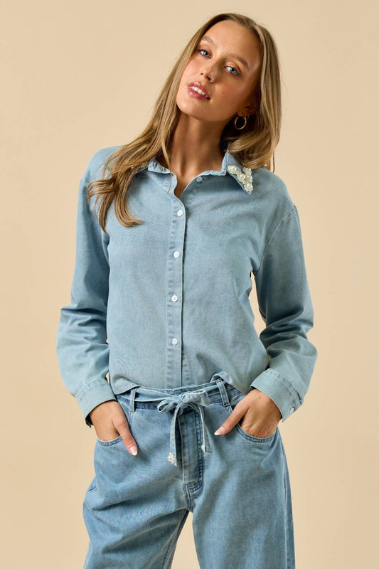 Long Sleeve Button-Down Shirt with Pearl Trim