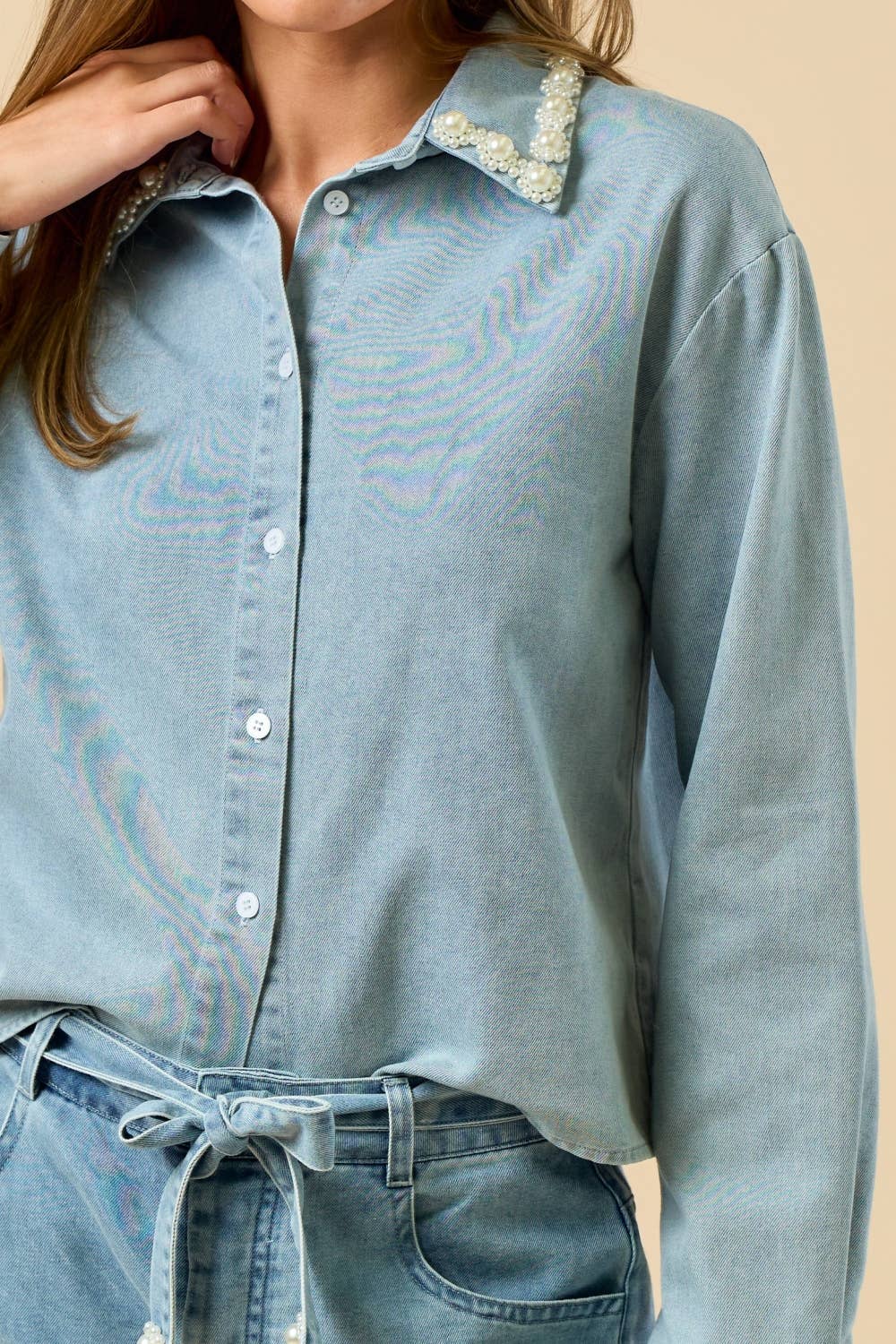 Long Sleeve Button-Down Shirt with Pearl Trim