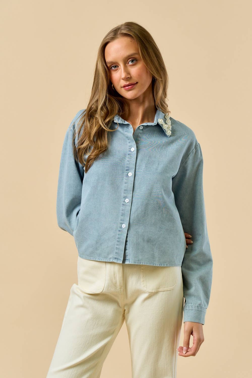 Long Sleeve Button-Down Shirt with Pearl Trim