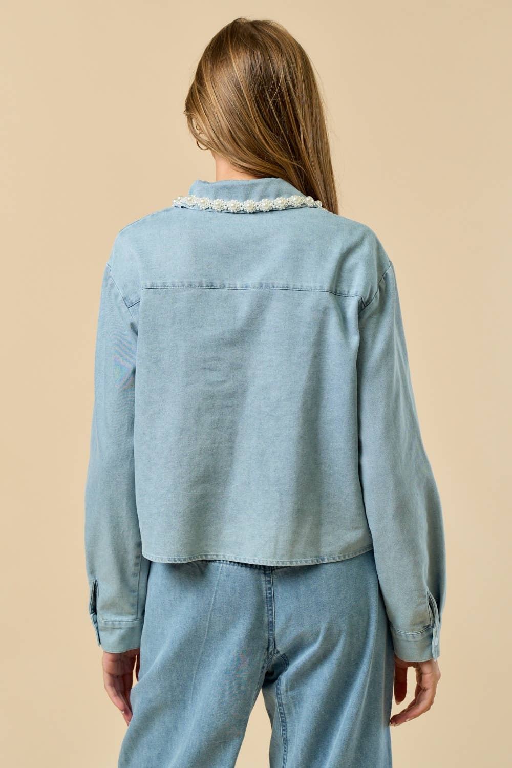 Long Sleeve Button-Down Shirt with Pearl Trim