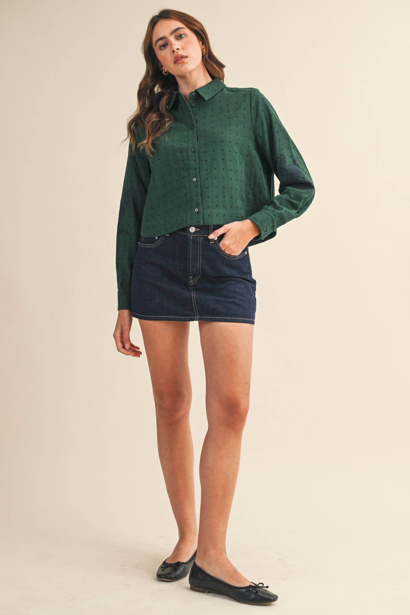 POLKA DOT FLORAL EMBROIDERY BUTTON UP TOP