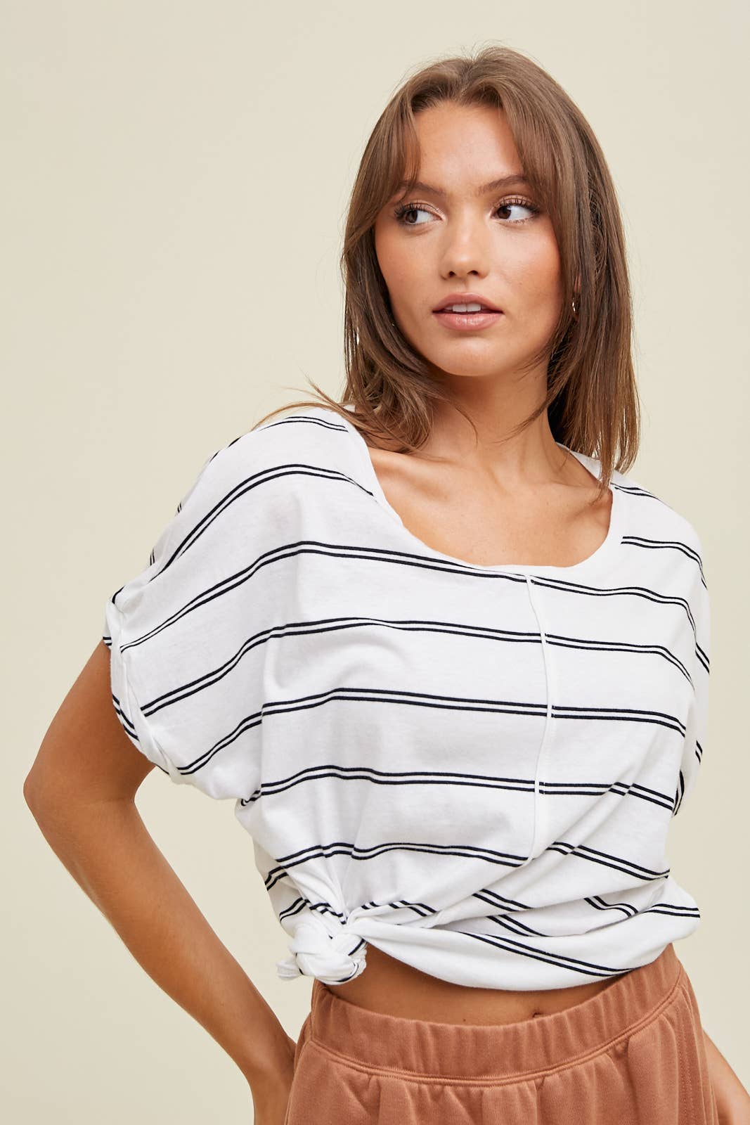 Larissa STRIPED COTTON KNIT TOP WITH TWIST CUFF DETAIL