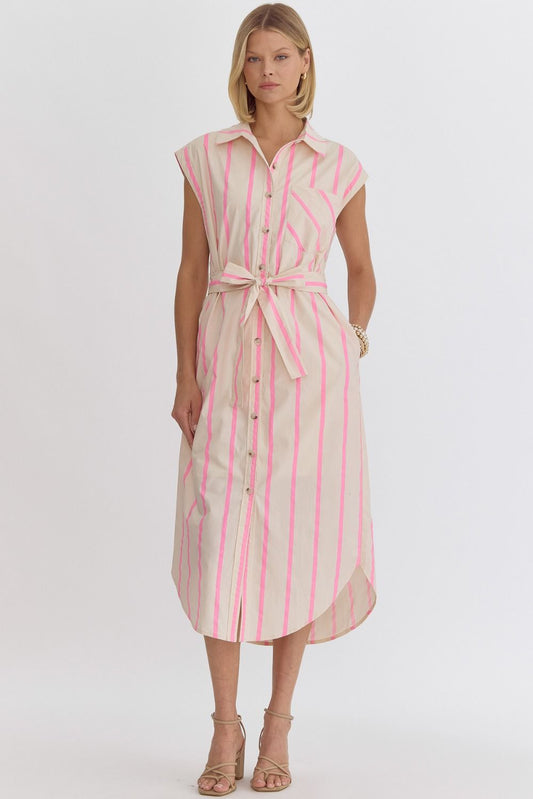 Jill Striped Tie Midi Shirt Dress